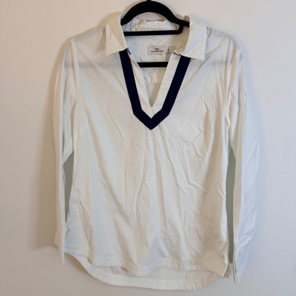 Vineyard Vines Womens White Cotton Poplin Tunic Navy Velvet Trim V-Neck Top S